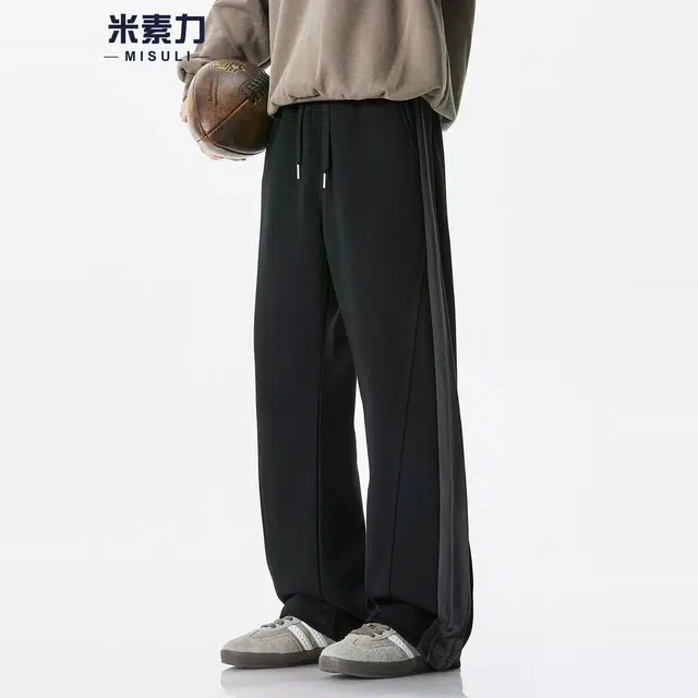 米素力 宽松抽绳松紧腰条纹中腰长裤休闲裤 男女同款