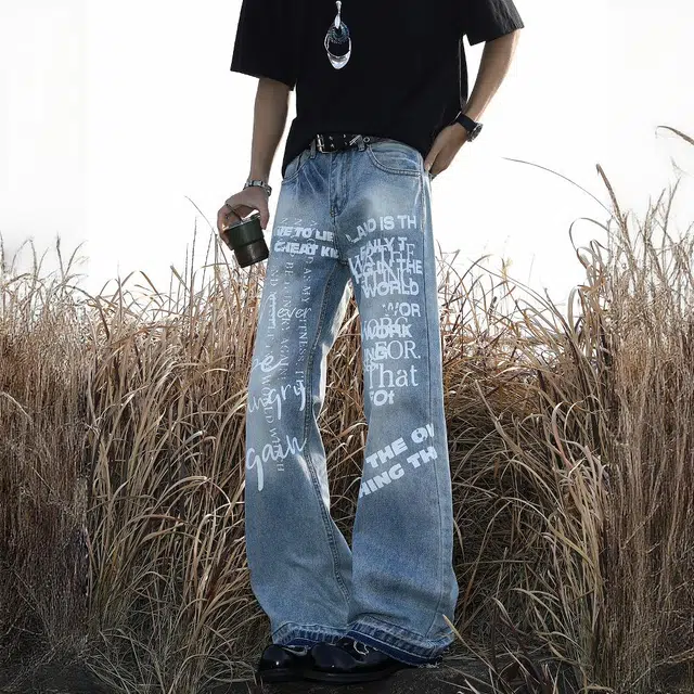 地界二 美式复古字母印花男小众潮牌痞帅宽松直筒裤子时尚百搭复古字母印花小众宽松潮流中低腰长裤牛仔裤 男款