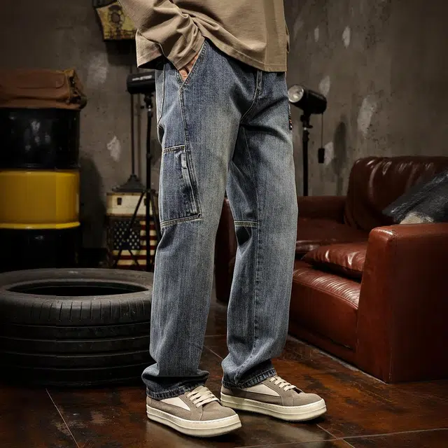 路杰邦 美式高街潮牌复古街头痞帅嘻哈宽松百搭直筒阔腿裤工装牛仔裤 男款