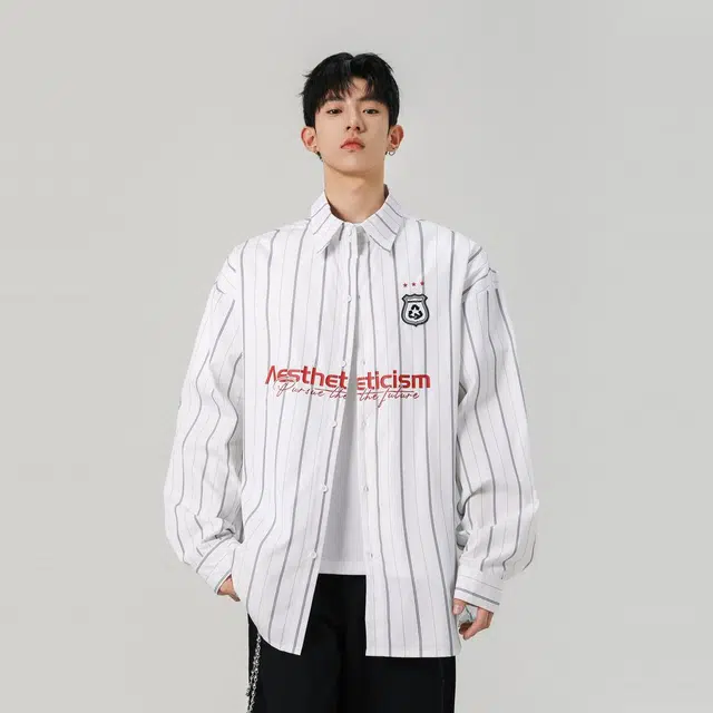 地界二 潮牌美式字母印花条纹长袖秋季宽松情侣外穿衬衣衬衫 男款