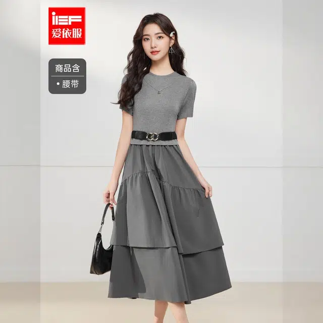 爱依服 拼接设计成熟气质收腰修身型通勤短袖连衣裙 女款