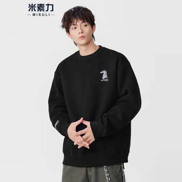 米素力 简约纯色圆领刺绣落肩袖潮套头卫衣 男女同款