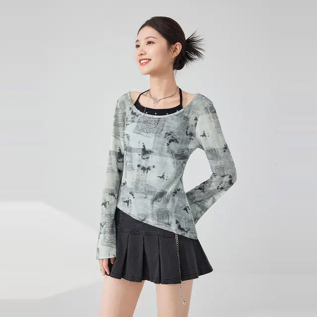 爱依服 美式街头通勤风简约舒适长袖截短上衣 女款