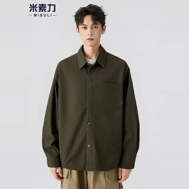 米素力 高级感痞帅宽松纯色常规长袖休闲风衬衫 男款