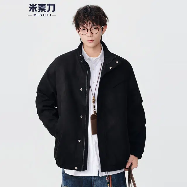 米素力 短款麂皮绒复古痞帅纯色落肩袖宽松型潮夹克 男女同款