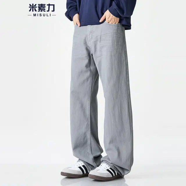 米素力 宽松痞帅垂感纯色直筒潮流中腰牛仔裤 男女同款