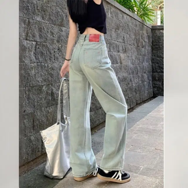 欧迪芬 阔腿标准通勤风高腰牛仔裤 女款