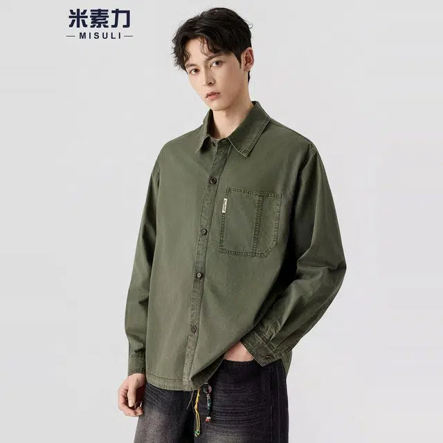 米素力 设计感翻领长袖纯色常规复古风衬衫 男款
