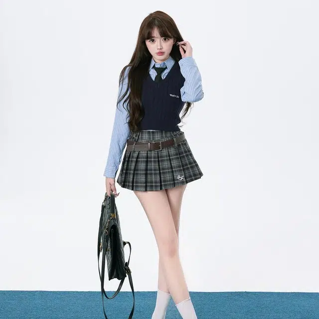 轻迎 美式学院风衬衫马甲叠穿半裙裙装套装 女款