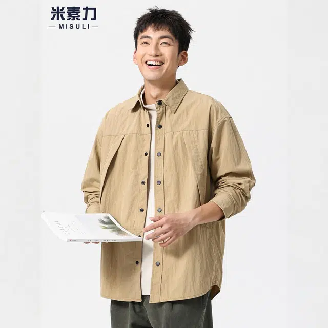 米素力 宽松工装长袖纯色落肩袖户外风衬衫 男女同款