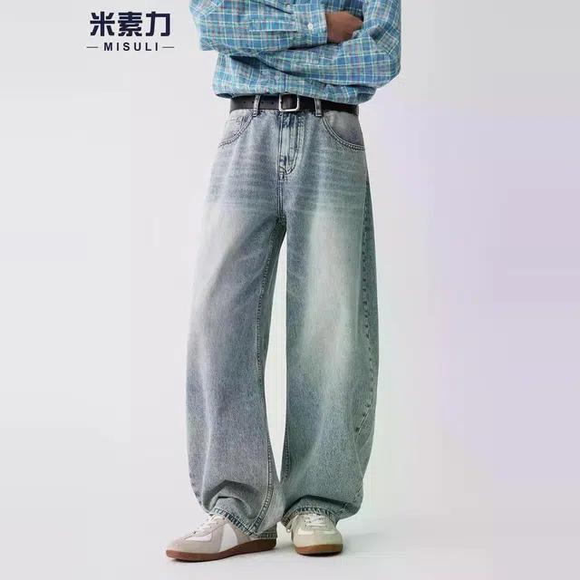 米素力 水洗做旧男士直筒纯色宽松休闲中腰牛仔裤 男女同款