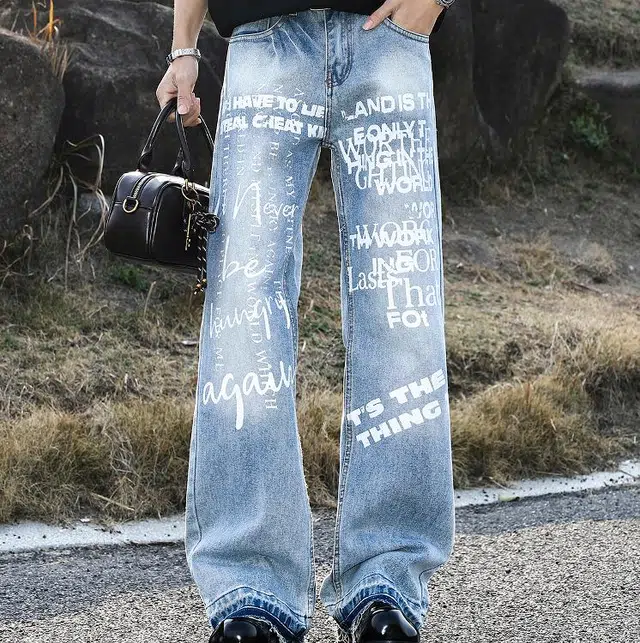 地界二 美式复古字母印花男小众潮牌痞帅宽松直筒裤子时尚百搭复古字母印花小众宽松潮流中低腰长裤牛仔裤 男款