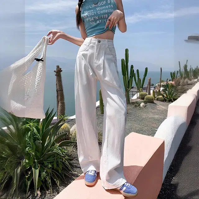 欧迪芬 韩式辣妹天菜小个子女神裤显瘦梨形身材白色皱褶窄版休闲裤子女士春夏秋显高腰遮肉直筒垂感拖地阔腿裤通勤百搭潮流女牛仔裤 女款