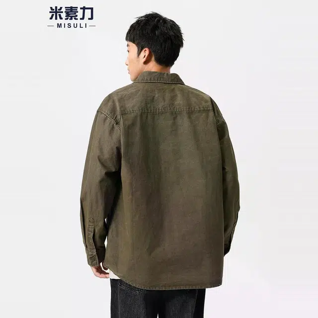 米素力 复古水洗做旧工装线条落肩袖长袖美式衬衫 男女同款