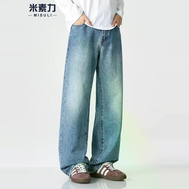 米素力 石磨水洗阔腿高端渐变宽松潮流中腰牛仔裤 男女同款
