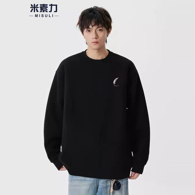米素力 纯色重磅长袖刺绣落肩袖潮套头卫衣 男女同款
