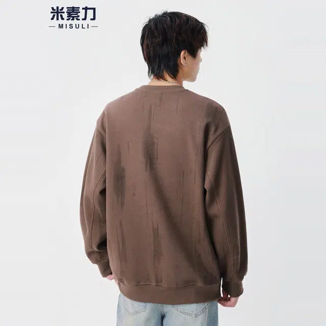 米素力 复古条纹圆领几何落肩袖潮套头卫衣 男女同款