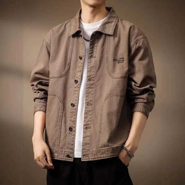 贵色 秋季 港风时尚潮流复古重磅水洗耐磨长袖男士潮牌高街字母印花设计日常穿搭休闲猎装工装夹克牛仔外套 宽松型 男女同款