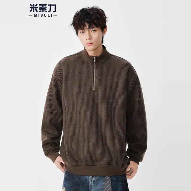 米素力 简约风半拉链立领落肩袖潮套头卫衣 男女同款