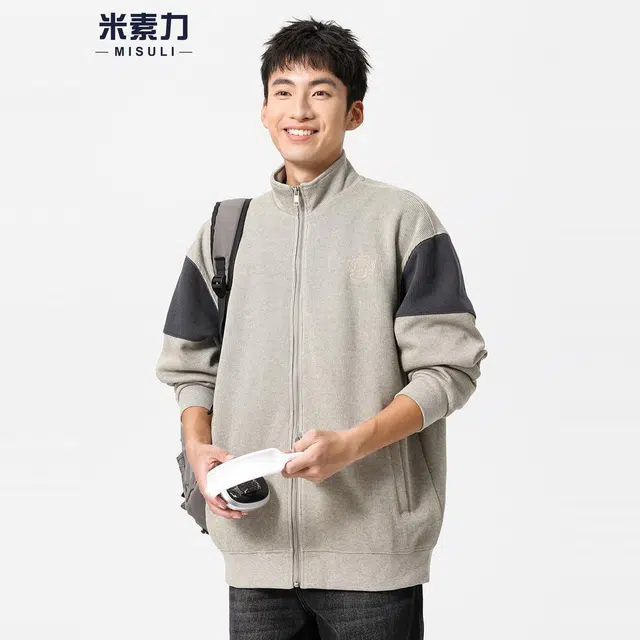 米素力 拼色拉链外套刺绣落肩袖美式开衫卫衣 男女同款