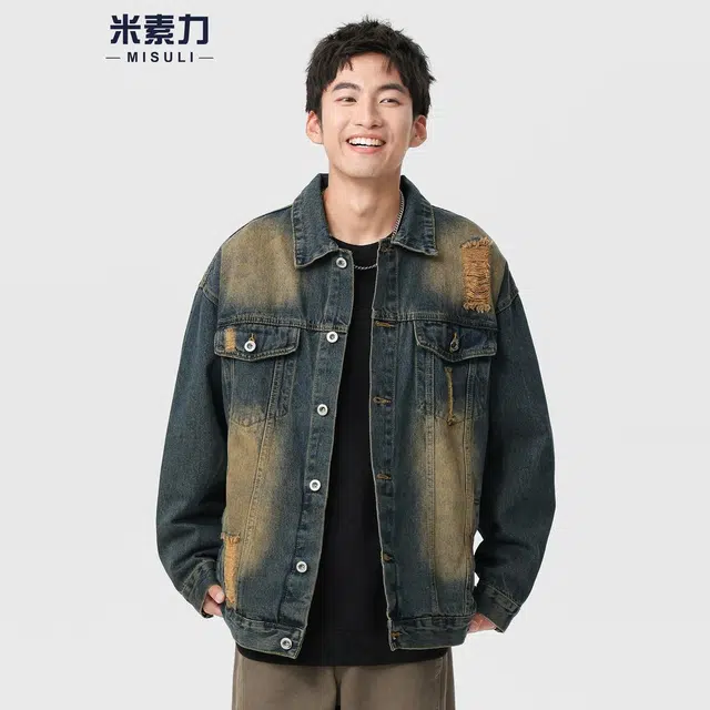 米素力 水洗做旧破洞潮流渐变落肩袖长袖翻领宽松型牛仔外套 男女同款