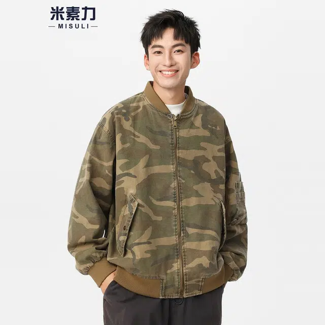 米素力 迷彩飞行员秋季落肩袖宽松型美式夹克 男女同款