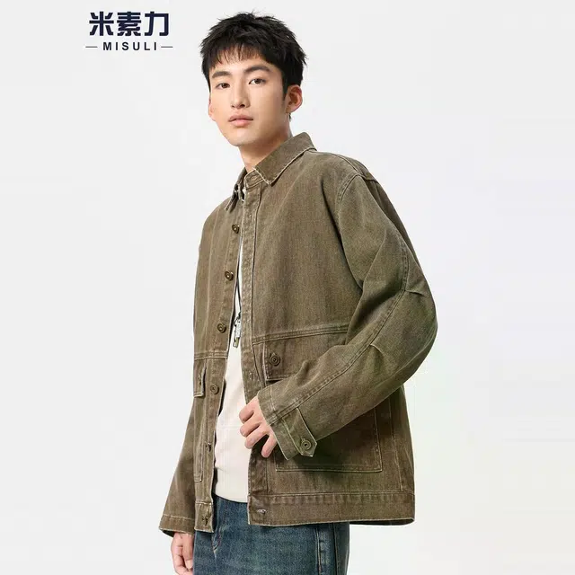 米素力 水洗做旧仿牛仔复古纯色落肩袖宽松型美式夹克 男女同款