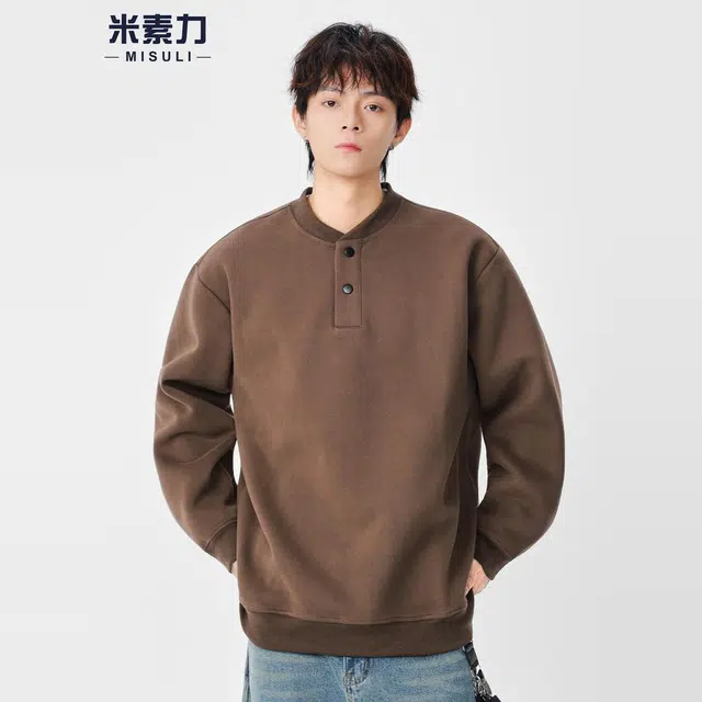 米素力 复古休闲亨利领落肩袖潮套头卫衣 男女同款