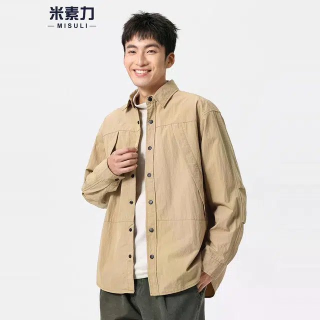 米素力 宽松工装长袖纯色落肩袖户外风衬衫 男女同款
