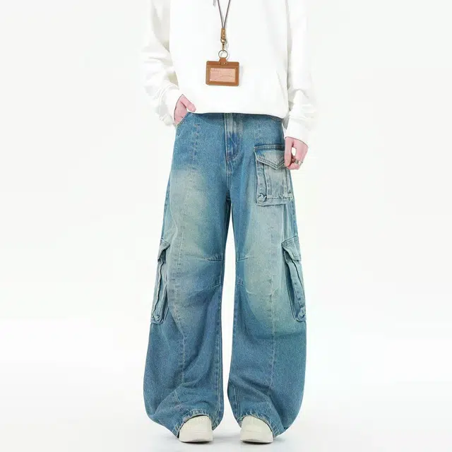 地界二 美式复古潮牌做旧水洗蓝色重工多口袋工装裤男宽松阔腿长裤水洗蓝色重工宽松潮流中腰牛仔裤 男款