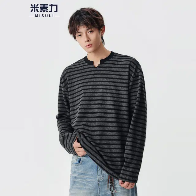 米素力 黑白条纹长袖休闲落肩袖潮套头卫衣 男女同款