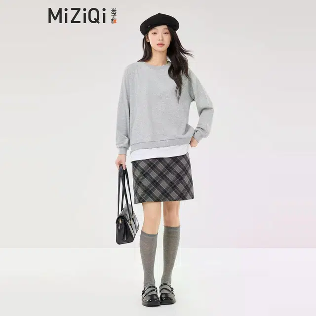 米子旗 灰色假两件拉链开叉拼色插肩袖长袖通勤套头卫衣 女款