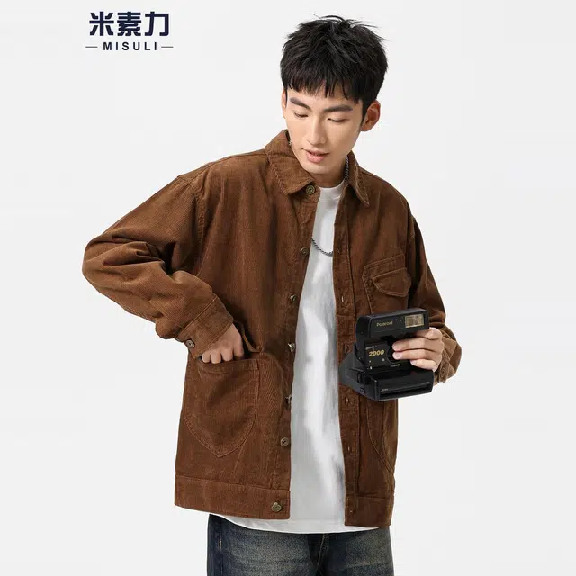米素力 灯芯绒复古外套纯色落肩袖宽松型休闲风夹克 男女同款