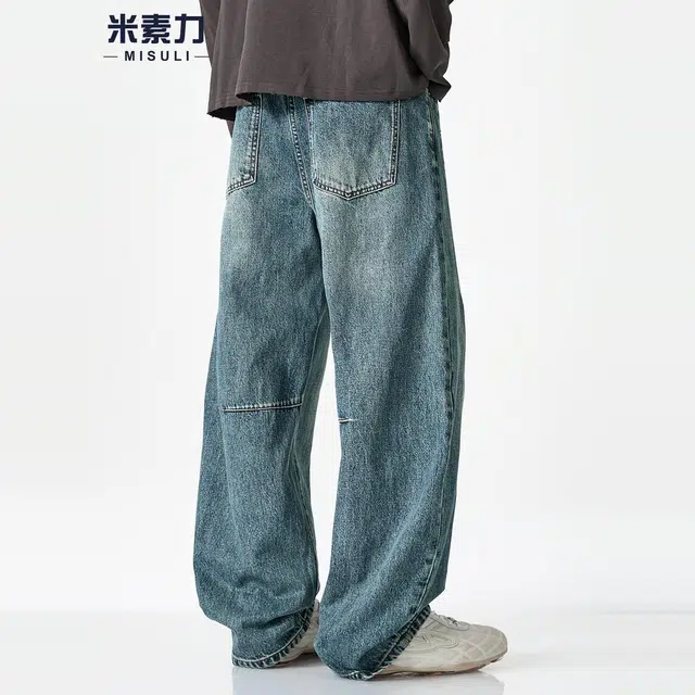 米素力 宽松秋季拖地美式中腰牛仔裤 男女同款