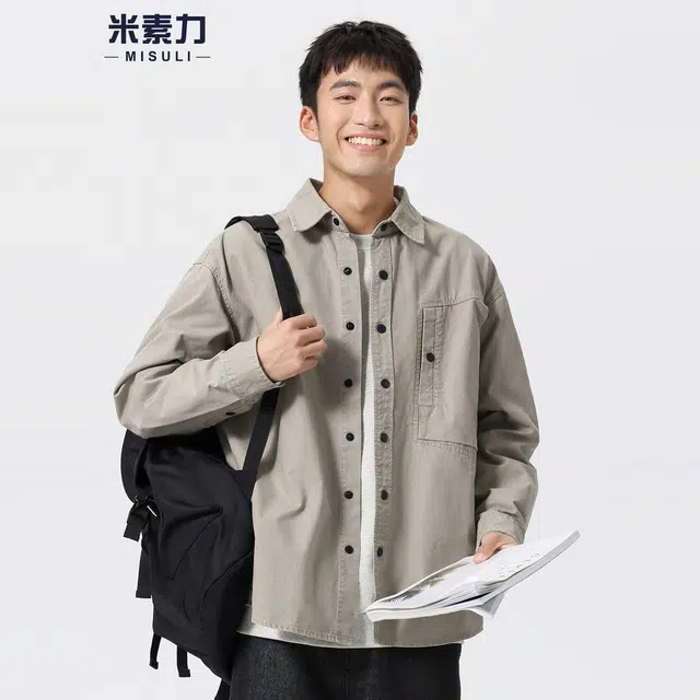 米素力 宽松纯棉长袖落肩袖衬衫 男女同款