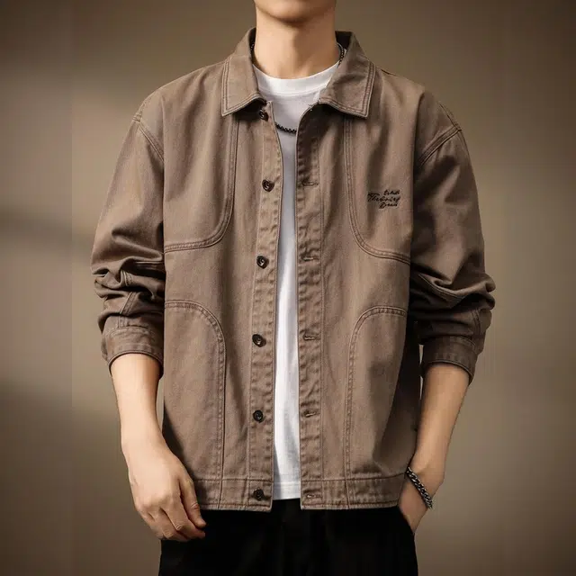 贵色 秋季 港风时尚潮流复古重磅水洗耐磨长袖男士潮牌高街字母印花设计日常穿搭休闲猎装工装夹克牛仔外套 宽松型 男女同款