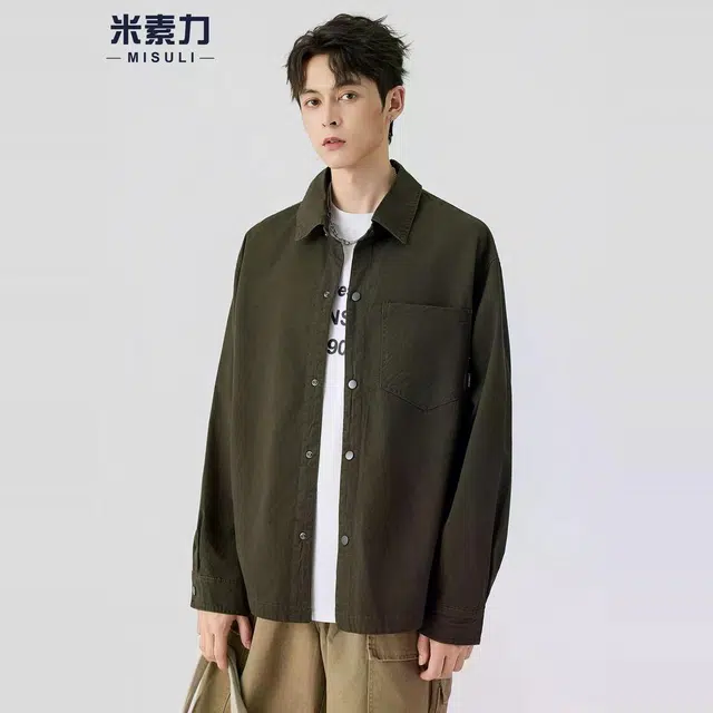 米素力 高级感痞帅宽松纯色常规长袖休闲风衬衫 男款