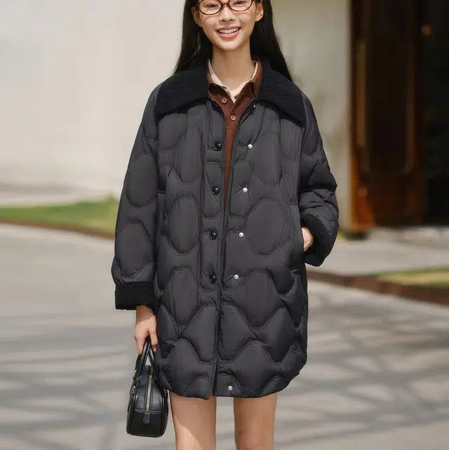 坦博尔 轻薄翻领中长款纯色常规长袖面包通勤羽绒服 女款