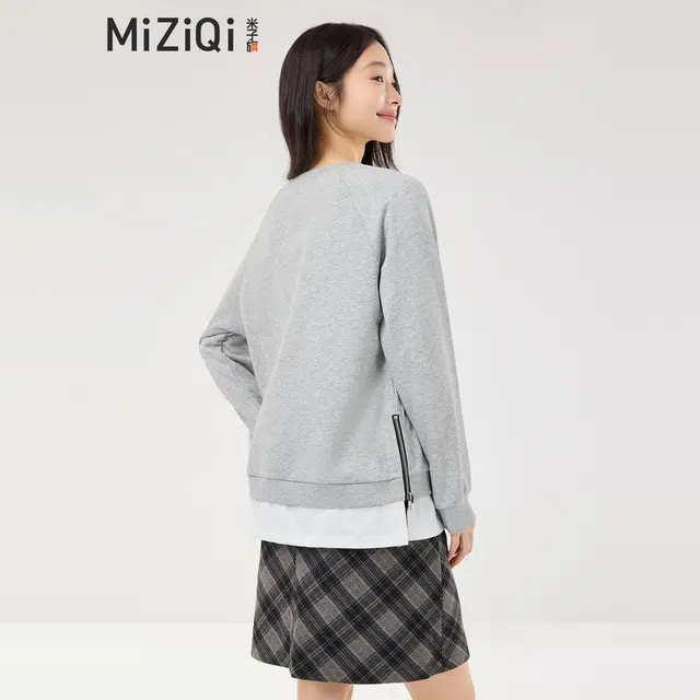 米子旗 灰色假两件拉链开叉拼色插肩袖长袖通勤套头卫衣 女款