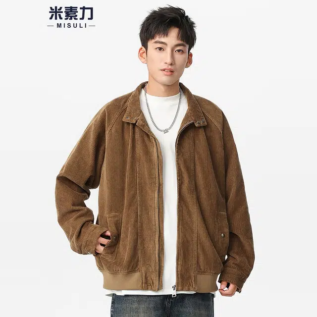 米素力 灯芯绒立领秋季拼色落肩袖宽松型美式夹克 男款