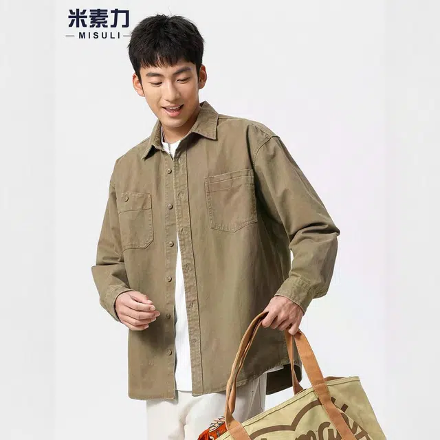 米素力 宽松复古工装纯色落肩袖长袖潮衬衫 男女同款
