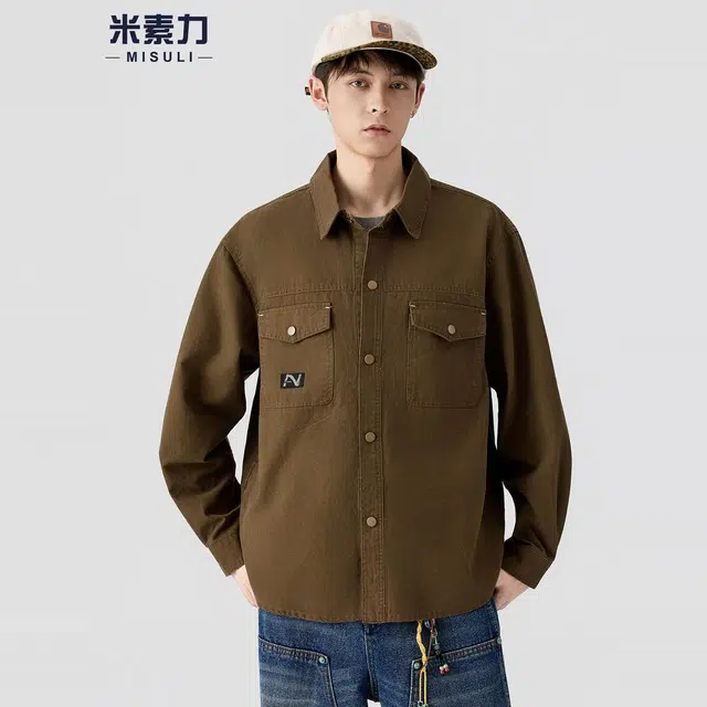 米素力 纯棉工装长袖常规休闲风衬衫 男款