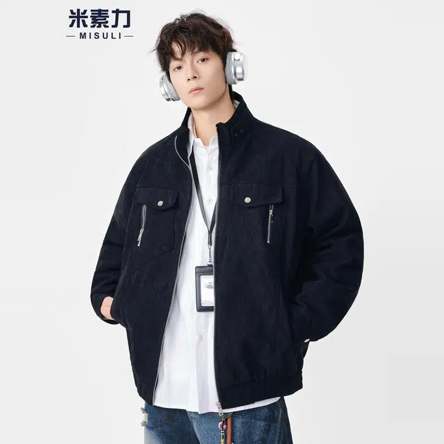 米素力 灯芯绒立领工装纯色落肩袖宽松型潮夹克 男女同款