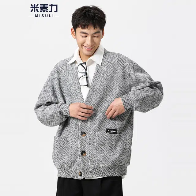 米素力 提花宽松休闲条纹落肩袖开衫卫衣 男女同款