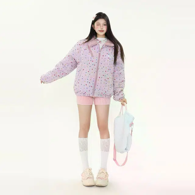 轻迎 甜美满印爱心格子翻领外套棉服 女款