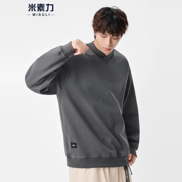 米素力 慵懒风落肩重磅纯色潮套头卫衣 男女同款