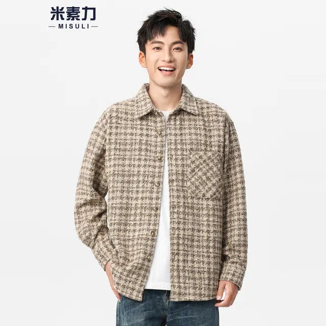 米素力 重磅格子衬衫式落肩袖宽松型休闲风夹克 男女同款