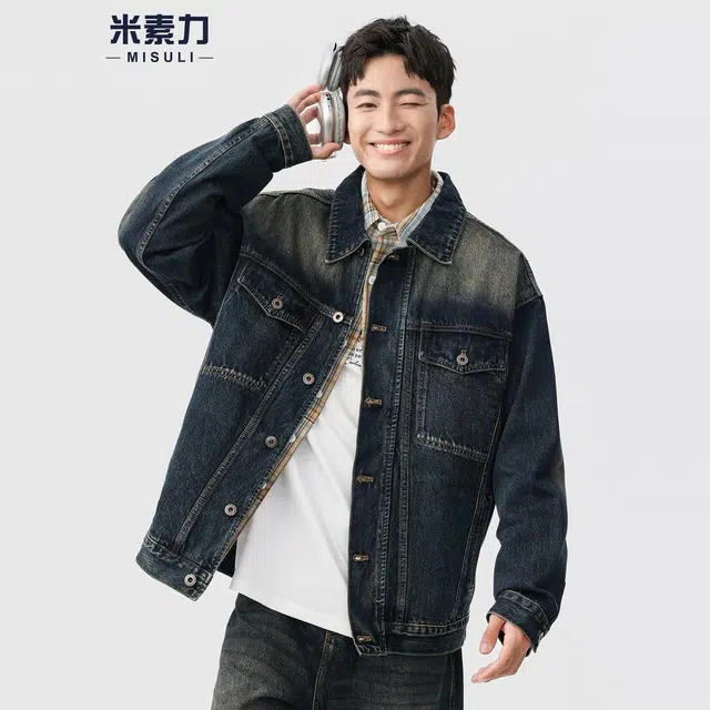米素力 重工解构男士渐变落肩袖长袖翻领宽松型牛仔外套 男女同款