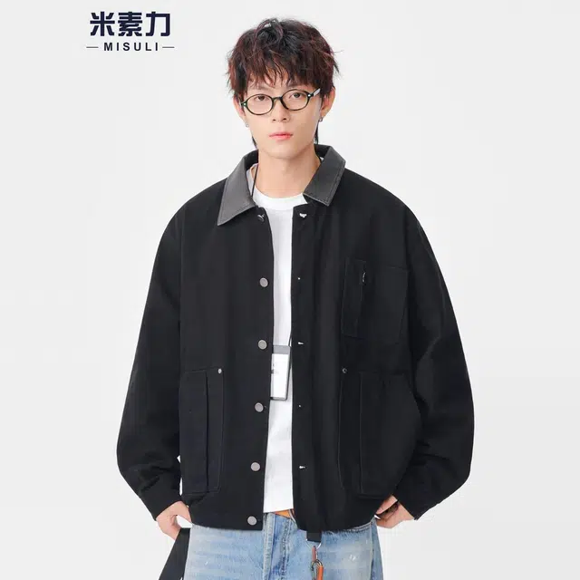 米素力 重磅水洗猎装男士纯色落肩袖宽松型潮夹克 男女同款