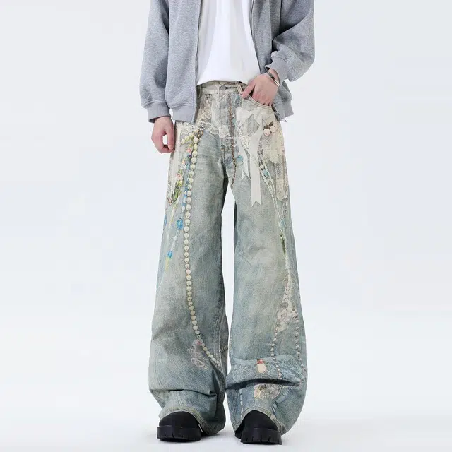 PANDA ADEVIL 3D Washed Loose Denim Pants